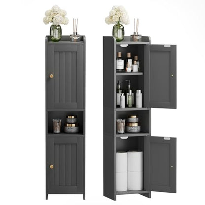 Bathroom Cabinet with 2 Doors, 7.3 x 9.8 x 40.4 Inches, Small Freestanding Storage Cabinet with Adjustable Shelf, Floor Cabinet for Small Spaces, Bathroom, Entrances, Kitchen, Black