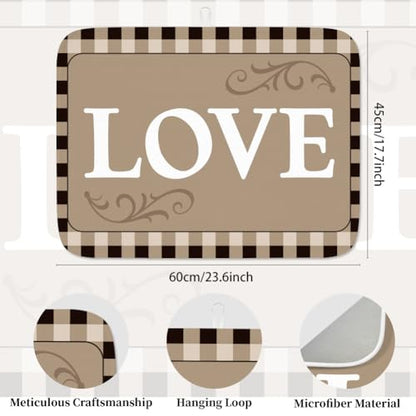 Plaid Dish Drying Mat for Kitchen Brown Checkered Dish Drainer Mats Absorbent Microfiber Love Text Dishes Drying Pad 18x24 Inches Washable for Countertop Coffee Bar Refrigerator - style: Love