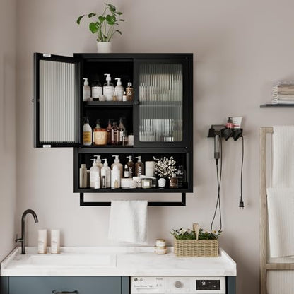 Bathroom Wall Cabinet, Over The Toilet Space Saver Storage Cabinet, Medicine Cabinet with 2 Glass Door and Towel Bar, Metal Wall Mounted Cabinet for Bathroom Laundry Room Kitchen - color: Upgraded Black
