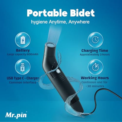 Portable Travel Bidet Electric Rechargeable Handheld Personal Bidet Sprayer for Personal Cleaning for Toilet with 2.3 liters Water Container (Black)