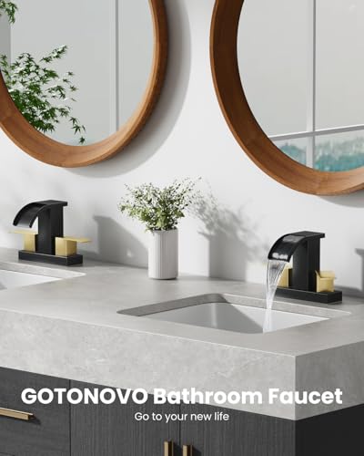 gotonovo Waterfall 4’’ Centerset Bathroom Sink Faucet Black&Brushed Gold | 2 Handle Bathroom Faucet,SUS304,2 or 3 Hole,2.17’’ Wide Spout,24’’ cUPC Water Line,Pop Up Drain,Vanity,RV,Lavatory Modern Tap - color: Black&Gold