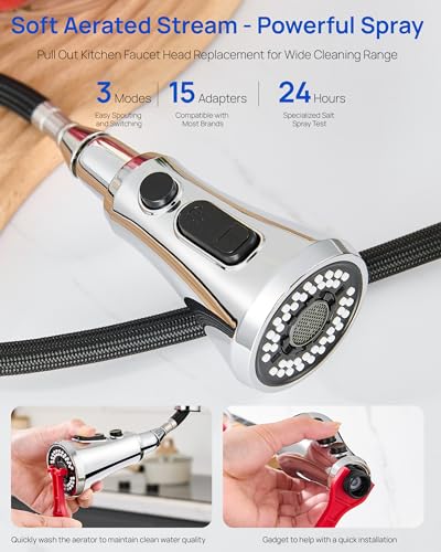 Chrome Kitchen Sink Pull Down Sprayer Head Replacement with 15 Adapters | Sink Faucet Head Replacement, High Pressure Sprayer Nozzles, 3 Functions Faucet Sprayer Attachment for Kitchen Faucet - color: Chrome