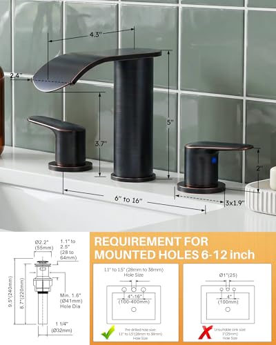 WOWOW Waterfall Bathroom Faucet 3 Holes 8Inch Widespread Bathroom Sink Faucet, Two Handles Lavatory Vanity Sink Faucets with Pop-up Drain & Supply Hoses, Modern Faucet Mixer Taps Oiled Rubbed Bronze - color: Oiled-Rubbed Bronze