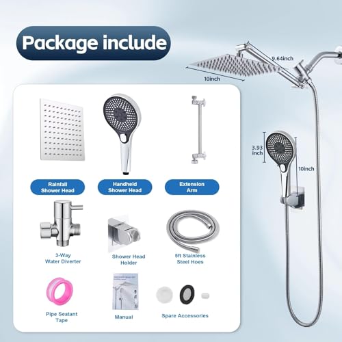 Shower Head,10'' Rain Shower Head with 11'' Angle Adjustable Extension Arm and Handheld Spray Combo/Flow Regulator/Shower System/Angle Adjustable/5Ft Hose, Height (Chrome, 8 Inch)