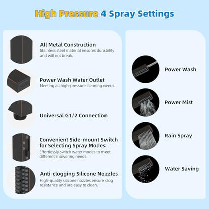 Hibbent All Metal cUPC Certified Shower Head, 8'' High Pressure Rainfall Showerhead Combo, Handheld Shower Wand, 12'' Adjustable Extension Arm, 4-Spray, 71'' Hose, Shower Holder, Oil Rubbed Bronze - color: Oil Rubbed Bronze, style: Square 8''