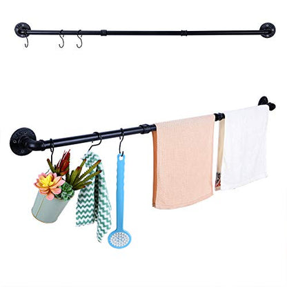 Industrial Pipe Towel Bar Rack, 50.4 Inch Black Towel Rod with 3 Hooks, Wall Mount Bath Towel Rack Holder, Rustic Bathroom Hardware Towel Bar Accessory - size: 50.4 inches