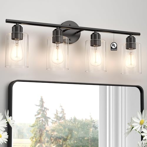 4 Light Bathroom Vanity Light Fixtures Black,Rustic Farmhouse Vanity Lighting Over Mirror Modern Industrial Lamp with Cylinder Glass Shade UL Certified - color: Matte Black, size: 4 Lights