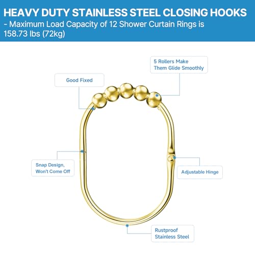 MENGJINGO 12PCS Wide Shower Curtain Hooks Rings, Rust Proof Stainless Steel | Heavy Duty Shower Hooks Rings for Bathroom Shower Rods Curtains Liners, Easy Glide Rollers, Set of 12, Gold - color: Gold