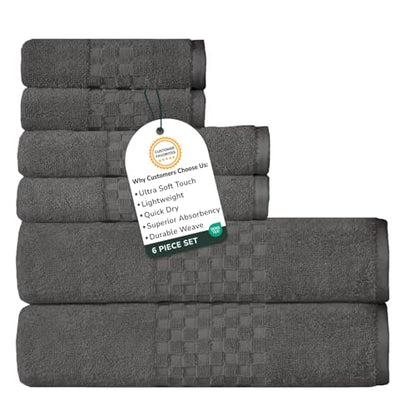 Feather & Stitch 100% Cotton 625 GSM Bath Towel Set of 6, Ultra Soft Highly Absorbent 2 Bath Towels, 2 Hand Towels & 2 Washcloth - Luxury Quick Dry Shower Towels (Dark Grey) - color: Dark Grey
