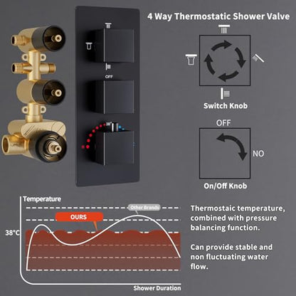 4 Way Thermostatic Shower System Black Shower Faucet Set with 4 Body Jet, Handheld Spray, 12 inch + 8 inch Shower Head - color: Black, size: 12+8" Ceiling Shower
