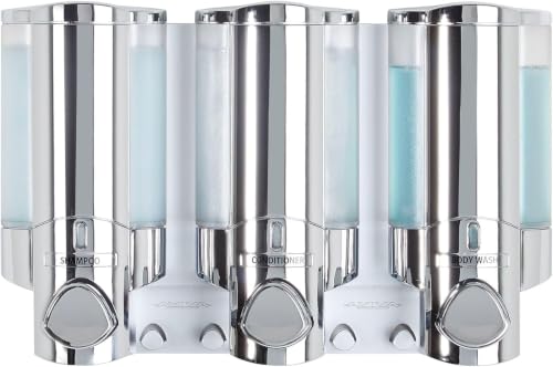 Better Living Aviva Shower Dispenser 3 Chamber,Wall Mount Shower Soap Pump Dispenser for Bathroom Hotel Body Wash,Built-in Hooks,No Drill,Waterproof Shampoo SoapDispenser 3 x 11 oz,Chrome (Pack of 6) - size: (Pack of 6)