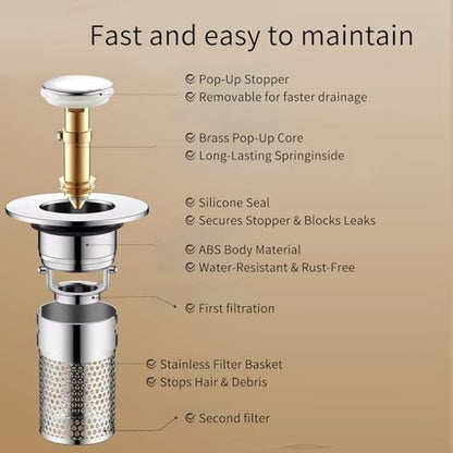 2 PCS 3-in-1 Bathroom Sink Drain Strainer Stopper，Stainless Steel Pop-up Strainer Basket Hair Catcher with Removable Basket, Brass Bullet Core, Universal Fit for Bathtubs, Showers & Floor Drains