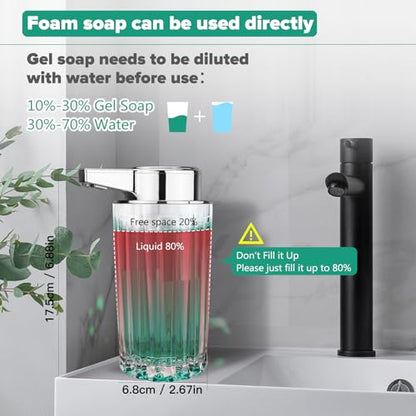 Automatic Soap Dispenser Foam for Kitchen: 11 OZ Glass Touchless Clear Auto Foaming Soap Dispenser for Bathroom - Hand Dish Lotion Home Countertop Kids - Family Couple - color: Vertical Stripe Style Foam