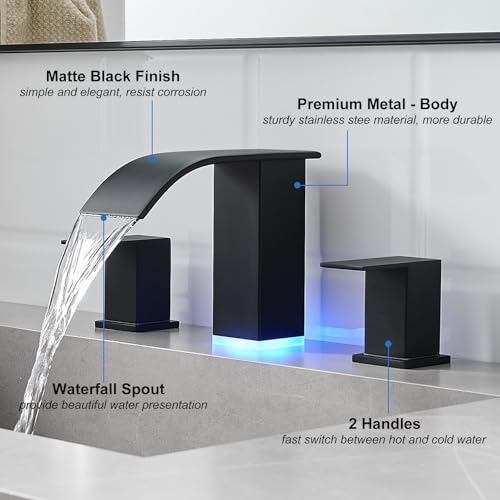 RUMOSE LED Bathroom Faucets Set 3 Hole Vanity Faucet with Pop Up Drain | Matte Black Bathroom Sink Faucet, Widespread Waterfall, 3 Colors Light Changing, Stainless Steel, Deck Mounted - color: Matte Black
