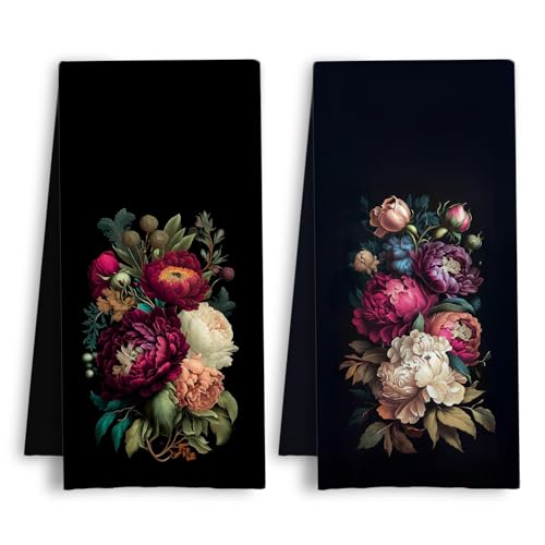 Vintage Peony Floral Kitchen Towels, Dark Cottagecore Botanical Flower Dish Tea Towels, Retro Farmhouse Wildflower Hand Towels for Bathroom Kitchen, 16x24 Inches Set of 2 - color: Vintage Peony