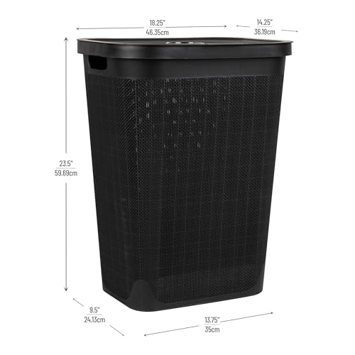 Mind Reader 60L Slim Laundry Hamper, Clothes Basket, Lid, Linen Design, Plastic, Black - color: Black