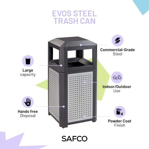 Safco Evos Steel Trash Can, 15 Gallons, Indoor and Outdoor Use, Commercial Garbage Can with Plastic Liner - size: 15 Gallon, style: Side Open