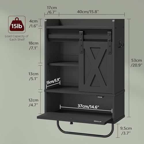 MAHANCRIS Bathroom Wall Cabinet, Farmhouse Medicine Cabinets with Sliding Door, Wall Mounted Storage Cabinet with Adjustable Shelf and Towel Bar, for Bathroom, Living Room, Kitchen, Black - color: Black