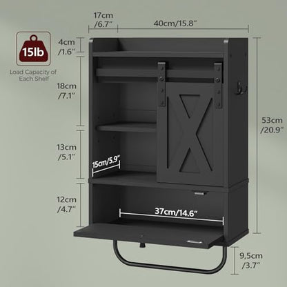 MAHANCRIS Bathroom Wall Cabinet, Farmhouse Medicine Cabinets with Sliding Door, Wall Mounted Storage Cabinet with Adjustable Shelf and Towel Bar, for Bathroom, Living Room, Kitchen, Black - color: Black