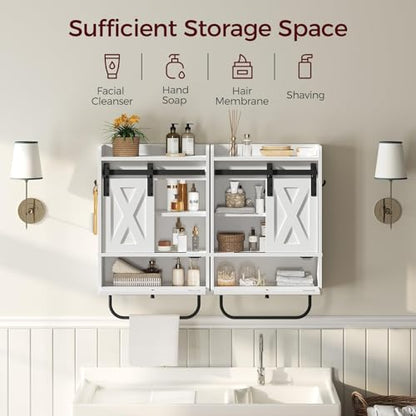 MAHANCRIS Bathroom Wall Cabinet, Farmhouse Medicine Cabinets with Sliding Door, Wall Mounted Storage Cabinet with Adjustable Shelf and Towel Bar, for Bathroom, Living Room, Kitchen, White - color: White