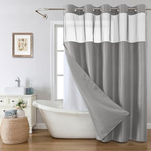 eachope X-Long No Hook Waffle Weave Shower Curtain Set, 71x80 Grey | Bath Curtain with Snap-in Liner & See-Through Top Window,Water Repellent & Washable,Hotel Spa Luxury for Home,RV or Apt - color: Grey, size: 71"W x 80"L (Pack of 1)