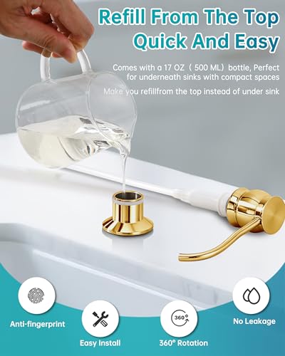 Brass Kitchen Soap Dispenser,Gold in Sink Liquid Dish Soap Dispenser, Under Sink Hand Metal Dispenser Pump, 47.2" Silicone Long Tube for 0.79 "- 1.38" Bottle Mouths - color: Gold, size: With Hose