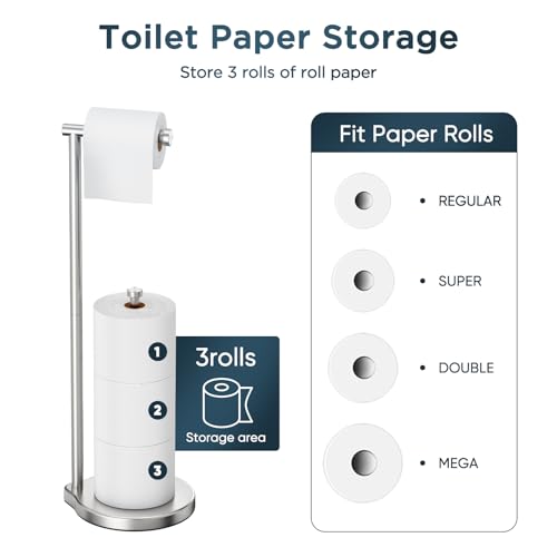 theaoo Heavy-Duty Toilet Paper Holder Stand, Bathroom Storage, Silver | Freestanding Toilet Tissue Paper Roll Holder with Reserve Storage. Stainless Steel Stand For Bathroom, Holds Extra Rolls - color: Silver