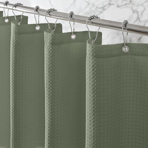 Waterproof Waffle Shower Curtain, 260GSM Heavy Duty Fabric with 12 Stainless Steel Hooks, Luxury Hotel Spa Style for Bathroom, Machine Washable, 72 x 72, Green - color: Waffle-sage Green