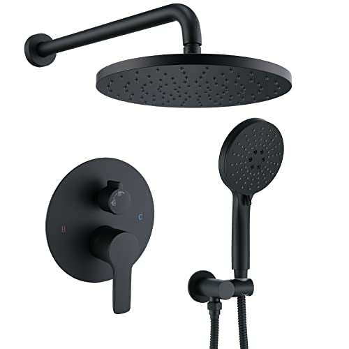 Iriber Shower System Wall Mounted Shower Faucet Mixer Set with Luxury High Pressure Shower head and 3-Setting Handheld, Bathroom Shower Trim Kit Contain Pressure Balance Valve, Matte black - color: Matte Black