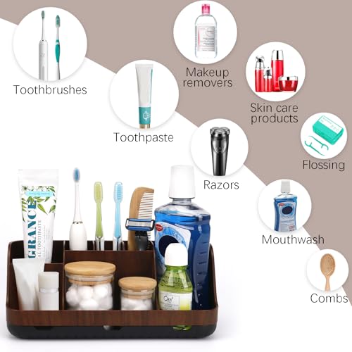 GFWARE Wood Toothbrush Holders for Bathroom Organizer with Drain Holes | Detachable 7 Slots Kid Electric Toothbrush and Toothpaste Holder, Bathroom Sink, Caddy, Tray, Vanity Storage Wood-Look, Brown - color: Wood Brown