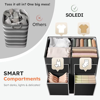 SOLEDI 180L Double Laundry Hamper with Lid and 2 Side Pockets, Dual Hamper | 2 Section Laundry Basket, Removable & Washable Laundry Bags, 180L Large Capacity, for Bedroom, Bathroom, Laundry Room, Dorm - color: Black