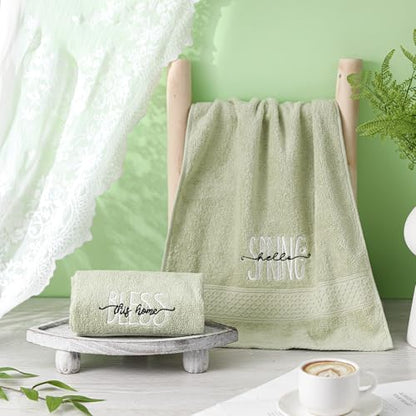 SmoothNovelty 2 Pcs Hello Spring Hand Towels Gray Green Bathroom Decor 14x29 Inch 100% Cotton Soft Absorbent Bless This Home Embroidered Decorative Hand Towels for Bathroom Kitchen Housewarming Gifts - style: Hello Spring