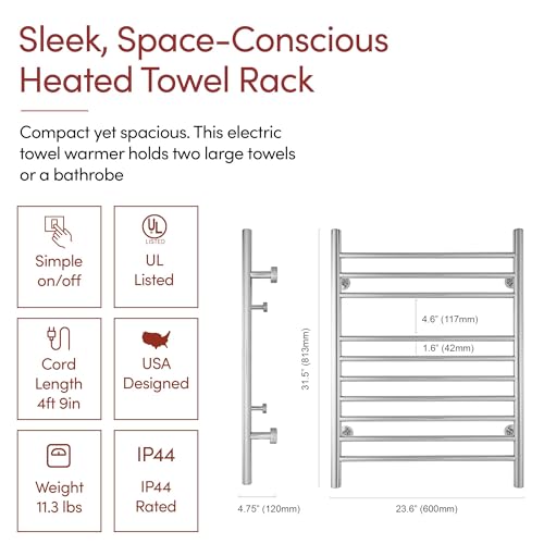 Heated Towel Rack, 10-Bar Wall-Mounted Electric Towel Warmer, Polished Stainless Steel, Plug-in or Hardwired, Luxury Bathroom Accessory for Warm, Dry Towels (WarmlyYours Infinity) - color: Polished Stainless Steel