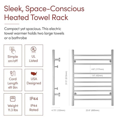 Heated Towel Rack, 10-Bar Wall-Mounted Electric Towel Warmer, Polished Stainless Steel, Plug-in or Hardwired, Luxury Bathroom Accessory for Warm, Dry Towels (WarmlyYours Infinity) - color: Polished Stainless Steel