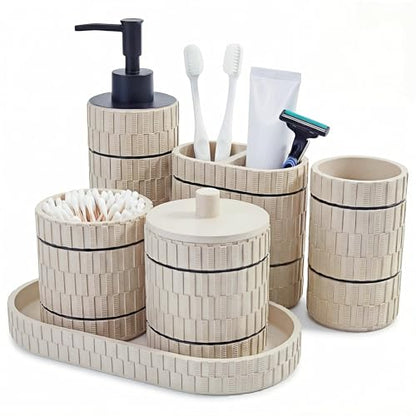 Bathroom Accessory Set, 6 Piece Bathroom Essentials Sets Accessories, Soap Dispenser Set, Toothbrush Holder, Vanity Tray, Tumbler, Cotton Swab Jars, Decor Organizer for Modern Bathrooms(Beige)