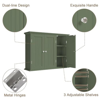 ChooChoo Laundry Cabinet with 3 Doors and Adjustable Shelves | 9.06"D x 31.1"W x 24"H, Bathroom Wall Cabinet, Cupboard, Green - color: Green, size: 9.06"D x 31.1"W x 23.4"H