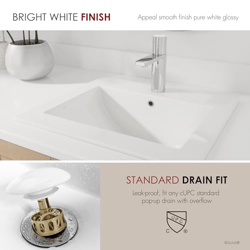 Stylish 21" White Porcelain Top-Mount Bathroom Sink, Rectangular Basin with Overflow Caps, High-Gloss Finish, cUPC Certified, Fits 22″ Cabinets, P-211H - style: 21" White Porcelain Top-Mount Bathroom Sink