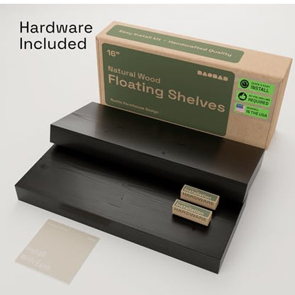 Solid Wood Floating Shelves For Wall 16 inch Black, Bathroom Wooden Shelf | Real Wood, Wall Mounted, Thick, Bedroom Kitchen Living Room, Black Finish, 16W x 6.7D Inch, Set of 2 - color: Black, size: 16 Inch