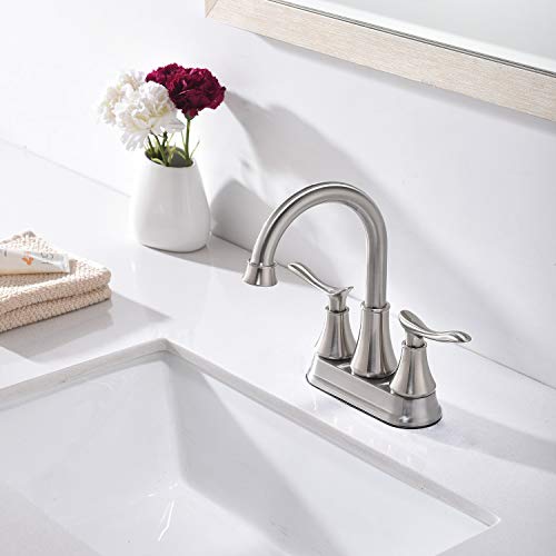 KINGO HOME Modern Brushed Nickel 2-Handle Bathroom Faucet, 4 inch Centerset RV Bathroom Sink Faucet Lavatory Bath Sink Vanity Faucet with Water Supply Lines and Pop Up Drain - color: Brushed Nickel