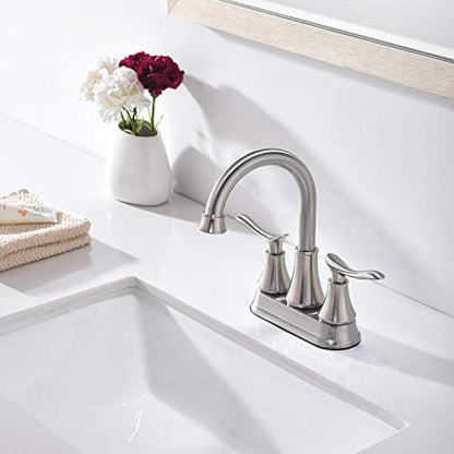 KINGO HOME Modern Brushed Nickel 2-Handle Bathroom Faucet, 4 inch Centerset RV Bathroom Sink Faucet Lavatory Bath Sink Vanity Faucet with Water Supply Lines and Pop Up Drain - color: Brushed Nickel
