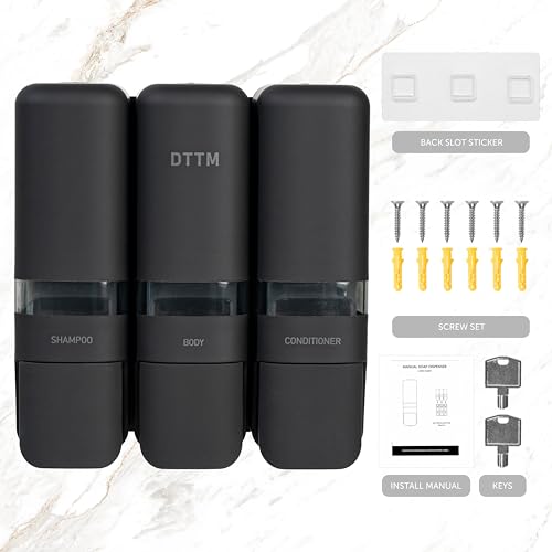 Shower Shampoo Dispenser 3 Chamber No Drill Wall Mounted Matte Black | No-drill stick-on install | Lockable pump | Refillable 250ml x 3 | Soap body wash conditioner | Bathroom hotel