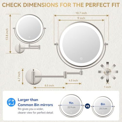 Auxmir 9″ 5000mAh 1X/30X Wall Mounted Lighted Magnifying Makeup Mirror | Power Adapter&2 Tweezers Included/ 3 Dimmable Colors/ Dual Sided Button Control/ Rechargeable/ 360° Rotation Extended Arm - color: 9'' 30x-nickel+adapter
