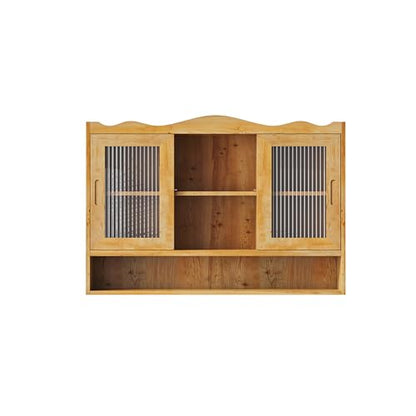 Retro Style Haze Two Glass Door Wood Wall Cabinet with Detachable Shelves for Office, Dining Room,Living Room, Kitchen and Bathroom - color: Natural(3)