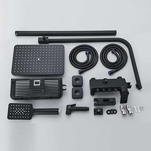 Shower System Matte Black Bathroom Thermostatic Shower Faucet Set with Tub Spout,Shower Head,3 Functions Hand Sprayer,Bidet and Shelf Rain Outdoor Shower Fixtures Kit Wall Mounted