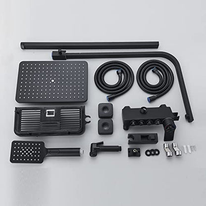Shower System Matte Black Bathroom Thermostatic Shower Faucet Set with Tub Spout,Shower Head,3 Functions Hand Sprayer,Bidet and Shelf Rain Outdoor Shower Fixtures Kit Wall Mounted