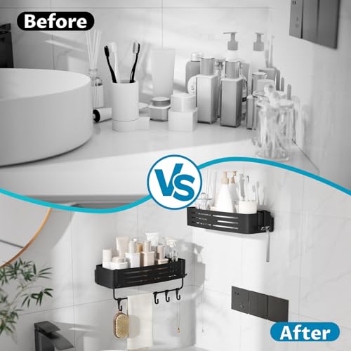 Onemake Suction Cup Shower Caddy, Shower Shelf, Bathroom Organizer, Black | No-drill Rustproof Aluminum Removable Caddy with Hooks, Wall Mounted Shower Organizer, Corner Shampoo Holder for Bathroom - style: 1 Tier-Black Square Caddy
