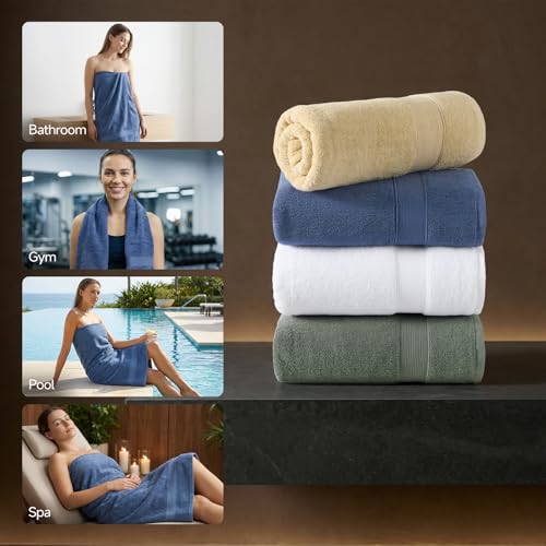 REDKISS 100% Luxury Cotton Bath Towels 4-Pack, Ultra-Thick, Plush, Soft & Highly Absorbent for Bathroom, Hotel, Spa and Home - 27" x 55" - color: Beige+gray+blue+brown