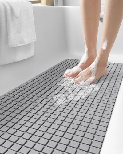 DEXI Bathtub Mat Non Slip, 39x16 Bath Tub Shower Floor Bathroom Mats Grey | Extra Long Suction Cups, Drain Holes, Machine Washable for Tub Shower Floor Bathmat - color: Gray