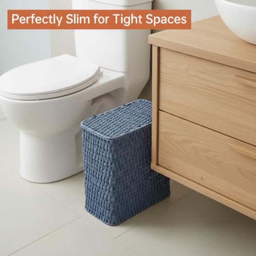 Coeusy 3 Gallon Paper Rope Bathroom Trash Can,Small Wicker Trash Cans with Lid and Liner,Woven Rattan Narrow Waste Basket for Bedroom,Office,Blue - color: Blue