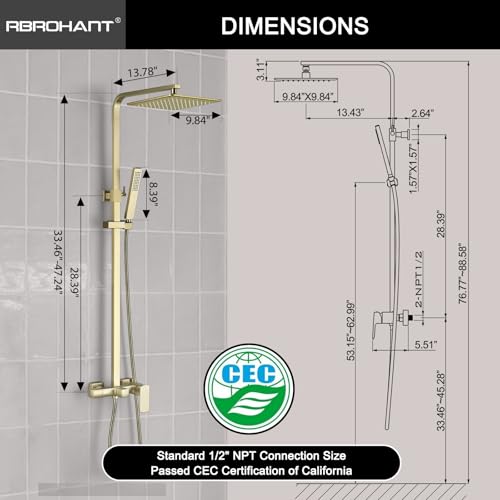 RBROHANT Brushed Gold Exposed Shower System with Tub Spout, Exposed Shower Fixtures for Bathroom with Brass 3-Functional Valve, Shower Height Adjustable, Wall Mounted - color: Brushed Gold